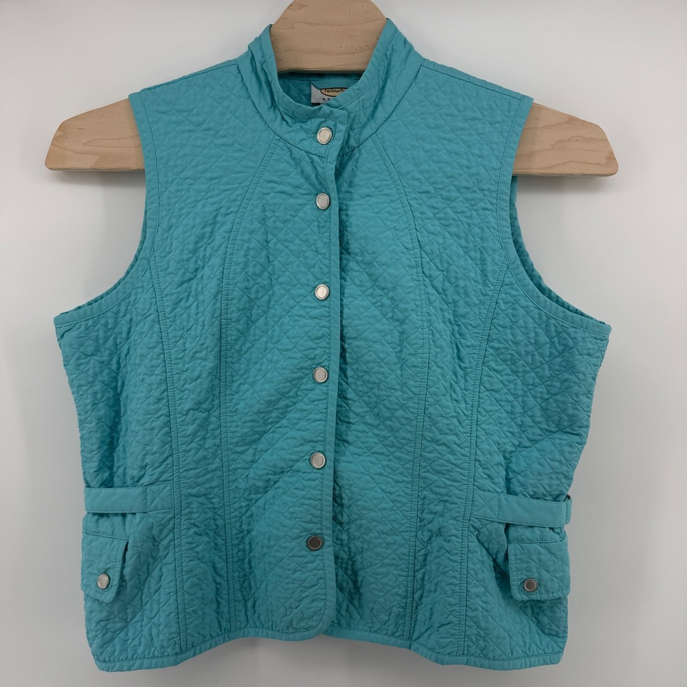 Talbots Woman Turquoise Blue Quilted Snap Front Mock Neck Vest Size 1X
